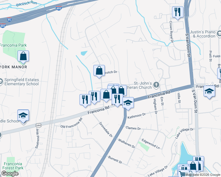 map of restaurants, bars, coffee shops, grocery stores, and more near 6187 Wild Valley Court in Alexandria