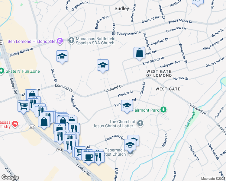 map of restaurants, bars, coffee shops, grocery stores, and more near 10019 Lomond Drive in Manassas