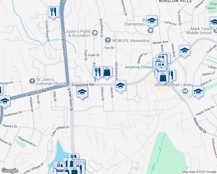 map of restaurants, bars, coffee shops, grocery stores, and more near 5511 Franconia Road in Alexandria