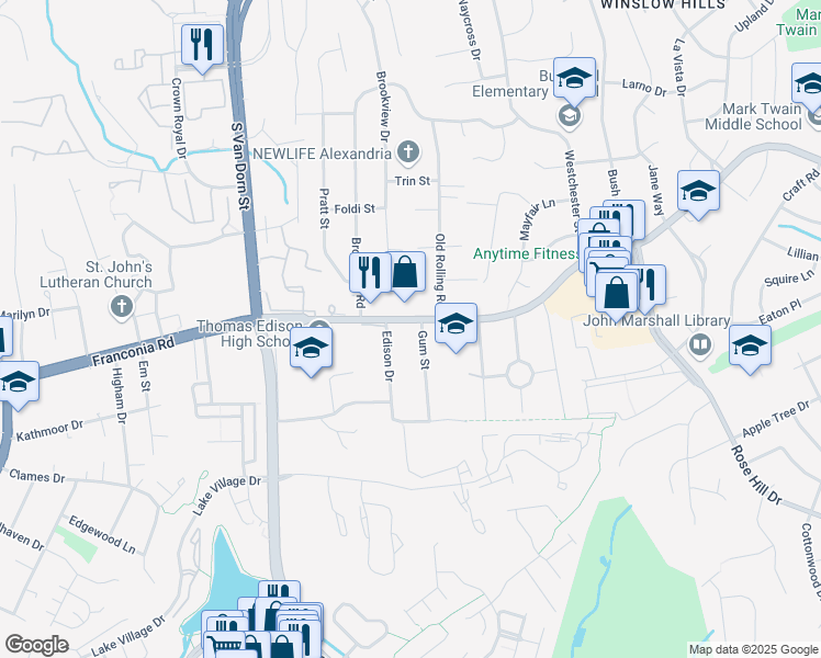 map of restaurants, bars, coffee shops, grocery stores, and more near 5511 Franconia Road in Alexandria