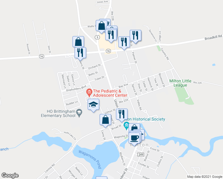 map of restaurants, bars, coffee shops, grocery stores, and more near Willow Street in Milton