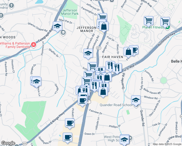 map of restaurants, bars, coffee shops, grocery stores, and more near 6124 North Kings Highway in Alexandria