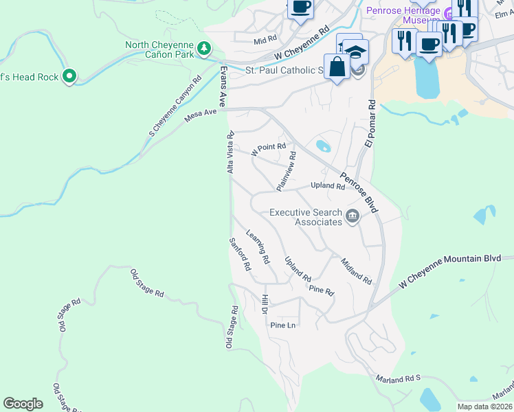map of restaurants, bars, coffee shops, grocery stores, and more near 13 Upland Road in Colorado Springs