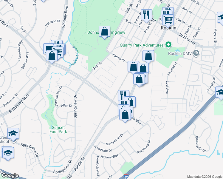 map of restaurants, bars, coffee shops, grocery stores, and more near 3544 Willard Way in Rocklin