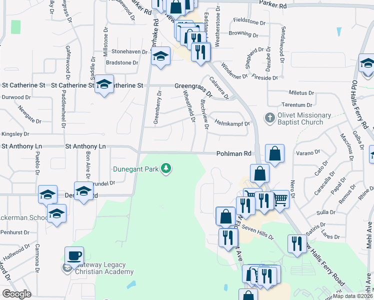 map of restaurants, bars, coffee shops, grocery stores, and more near 2215 Wheatfield Drive in Florissant