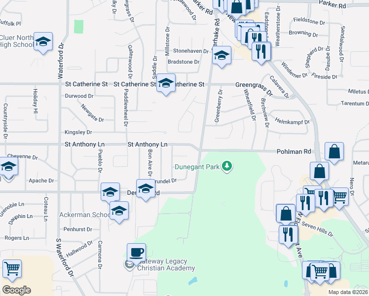 map of restaurants, bars, coffee shops, grocery stores, and more near 1820 Saint Anthony Lane in Florissant