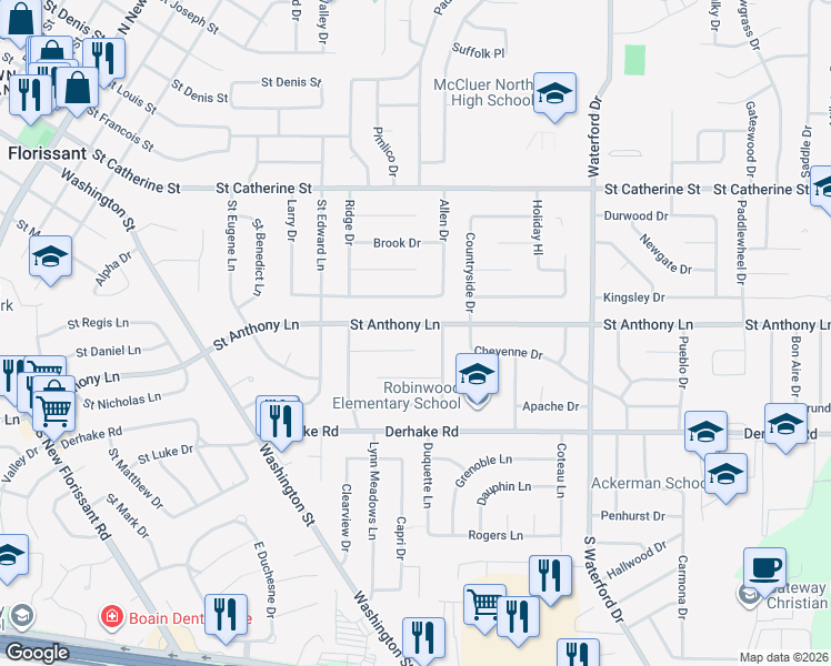 map of restaurants, bars, coffee shops, grocery stores, and more near 830 Saint Anthony Lane in Florissant