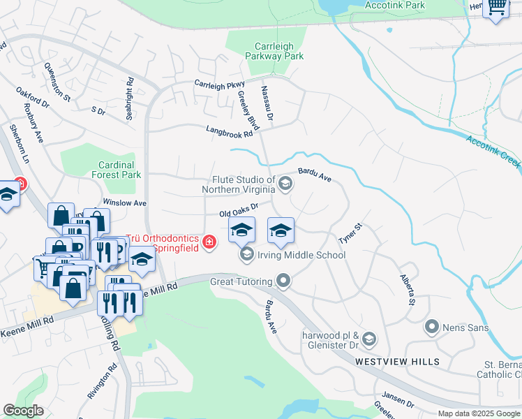 map of restaurants, bars, coffee shops, grocery stores, and more near 6201 Old Oaks Court in West Springfield