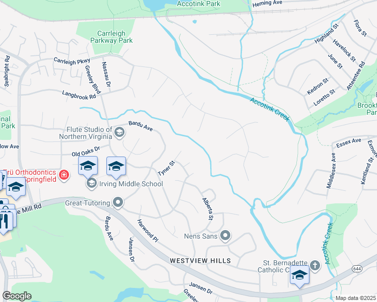 map of restaurants, bars, coffee shops, grocery stores, and more near 6201 Tyner Street in West Springfield