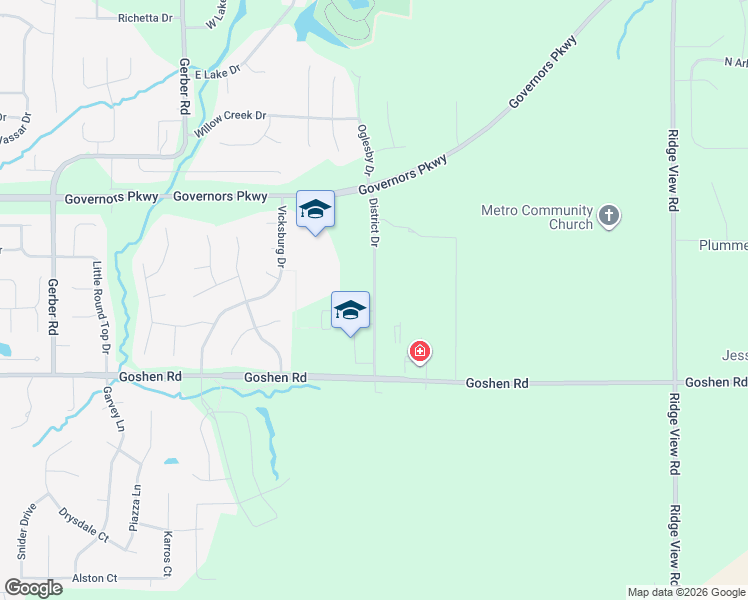 map of restaurants, bars, coffee shops, grocery stores, and more near District Drive in Edwardsville