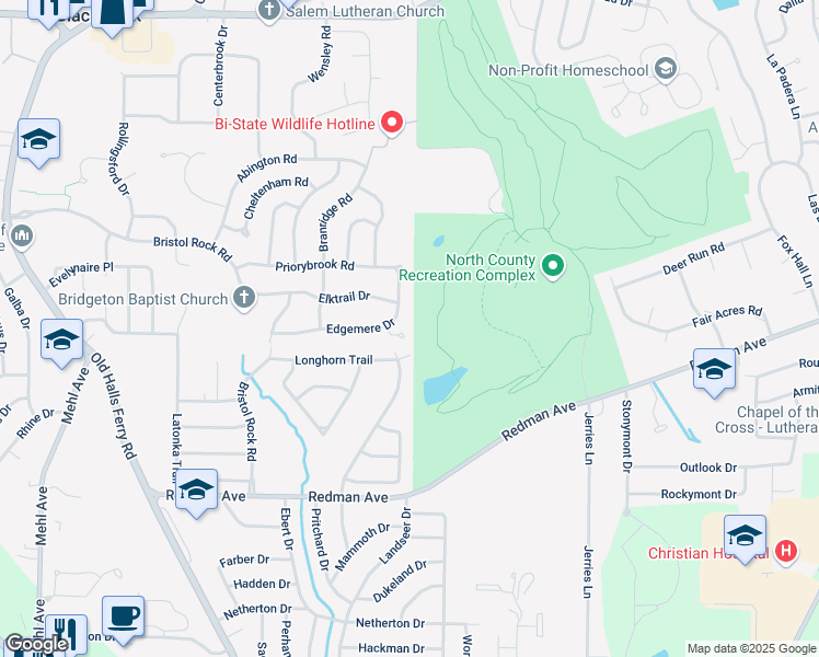 map of restaurants, bars, coffee shops, grocery stores, and more near 19 Edgemere Court in Florissant