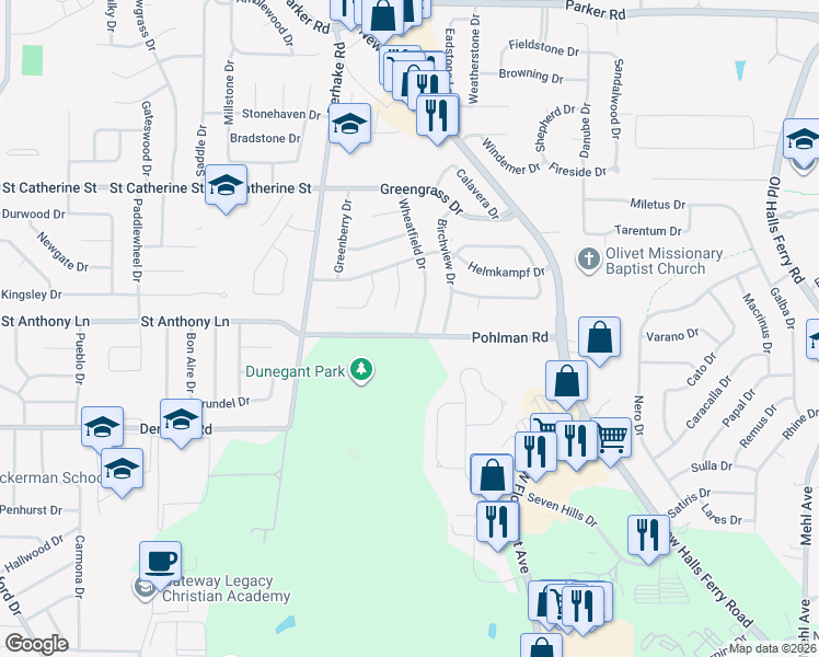map of restaurants, bars, coffee shops, grocery stores, and more near 2215 Wheatfield Drive in Florissant