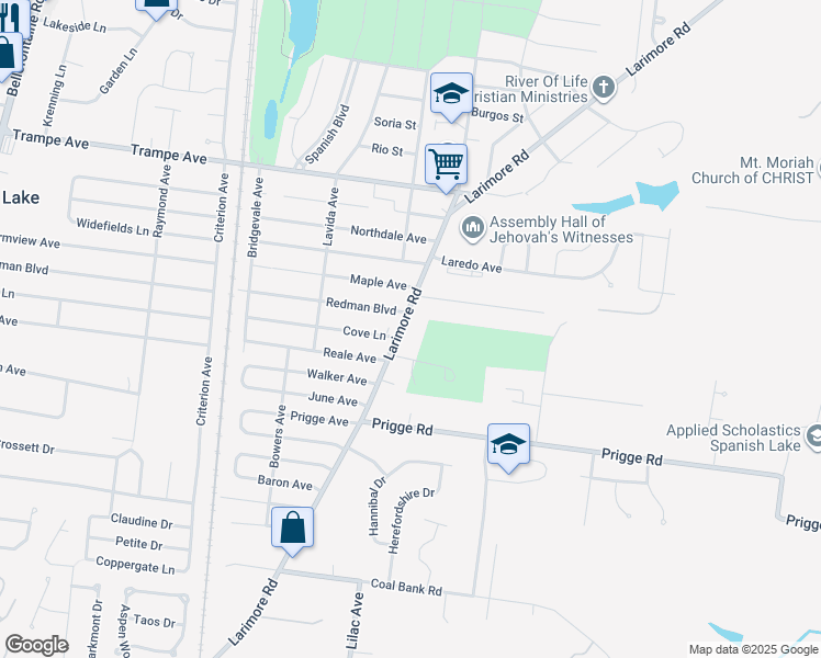 map of restaurants, bars, coffee shops, grocery stores, and more near 11814 Larimore Road in St. Louis