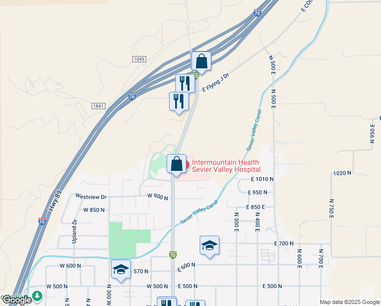 map of restaurants, bars, coffee shops, grocery stores, and more near 1200 North Main Street in Richfield