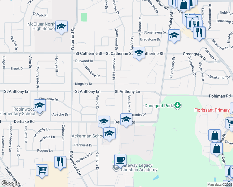 map of restaurants, bars, coffee shops, grocery stores, and more near 1600 Saint Anthony Lane in Florissant