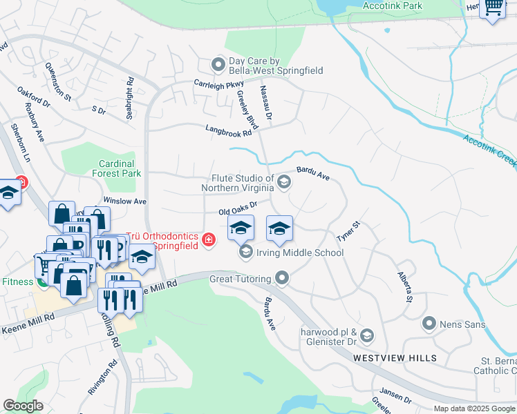 map of restaurants, bars, coffee shops, grocery stores, and more near 6201 Old Oaks Court in West Springfield