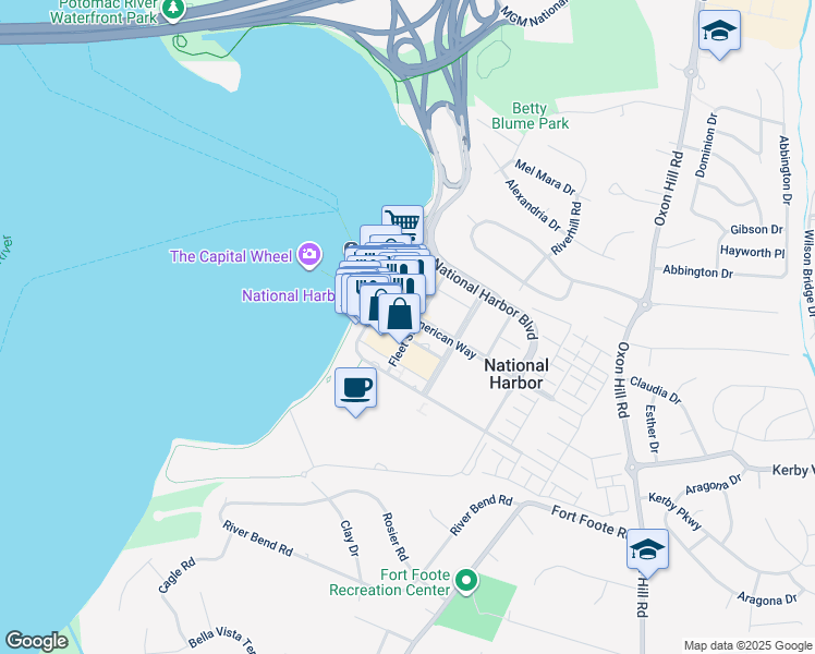 map of restaurants, bars, coffee shops, grocery stores, and more near 157 Fleet Street in Oxon Hill