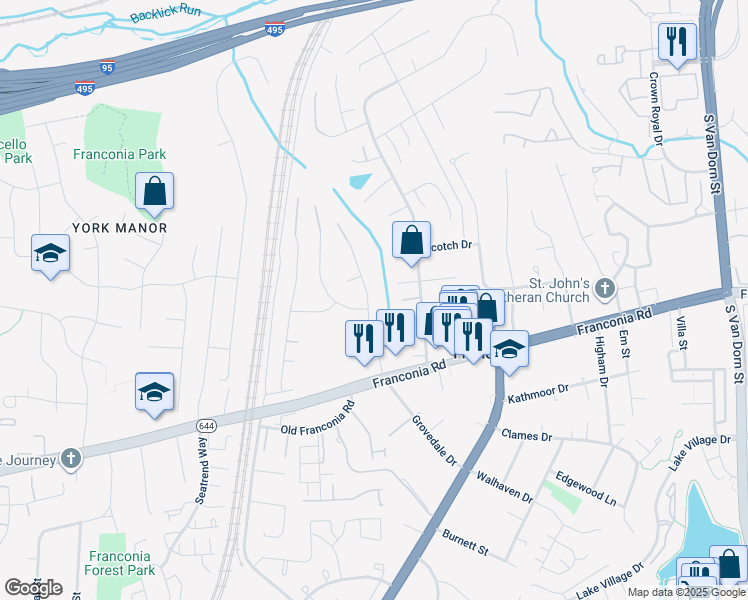 map of restaurants, bars, coffee shops, grocery stores, and more near 6107 Franconia Forest Lane in Alexandria