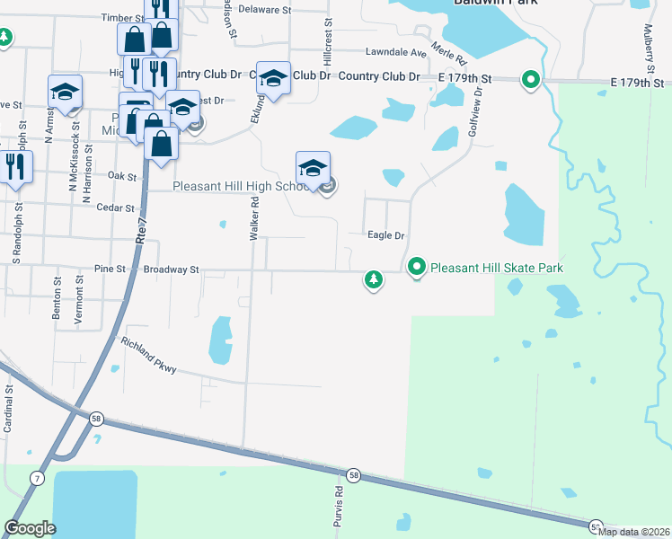 map of restaurants, bars, coffee shops, grocery stores, and more near 1524 East Broadway Street in Pleasant Hill