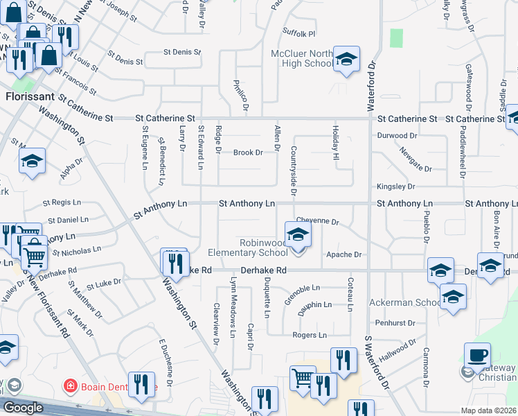 map of restaurants, bars, coffee shops, grocery stores, and more near 830 Saint Anthony Lane in Florissant