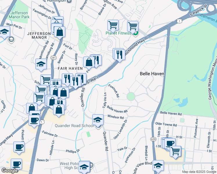 map of restaurants, bars, coffee shops, grocery stores, and more near 6200 Foxcroft Road in Alexandria