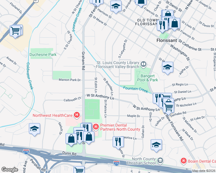 map of restaurants, bars, coffee shops, grocery stores, and more near 700 Saint Patrice Lane in Florissant