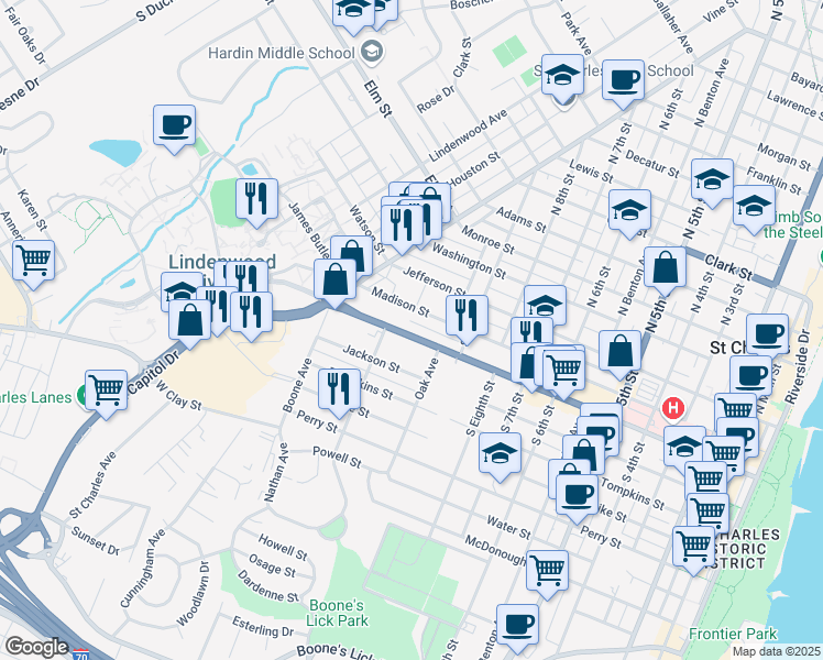 map of restaurants, bars, coffee shops, grocery stores, and more near 1030 1st Capitol Drive in Saint Charles