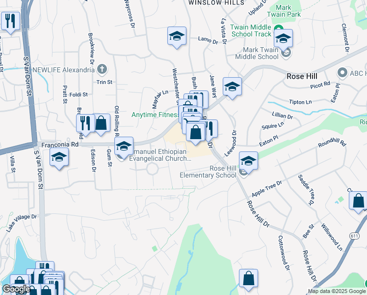 map of restaurants, bars, coffee shops, grocery stores, and more near 6278 Rose Hill Court in Alexandria