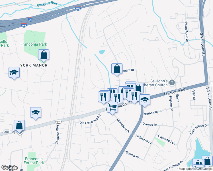 map of restaurants, bars, coffee shops, grocery stores, and more near 6107 Franconia Forest Lane in Alexandria