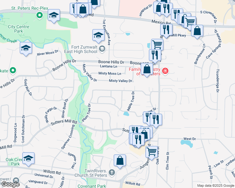 map of restaurants, bars, coffee shops, grocery stores, and more near 6 Lemon Tree Drive in St. Peters