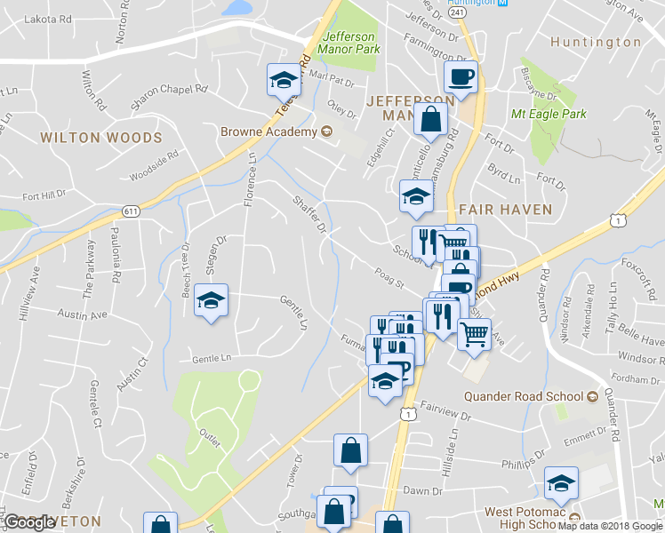 map of restaurants, bars, coffee shops, grocery stores, and more near 6127 Bayliss Place in Alexandria