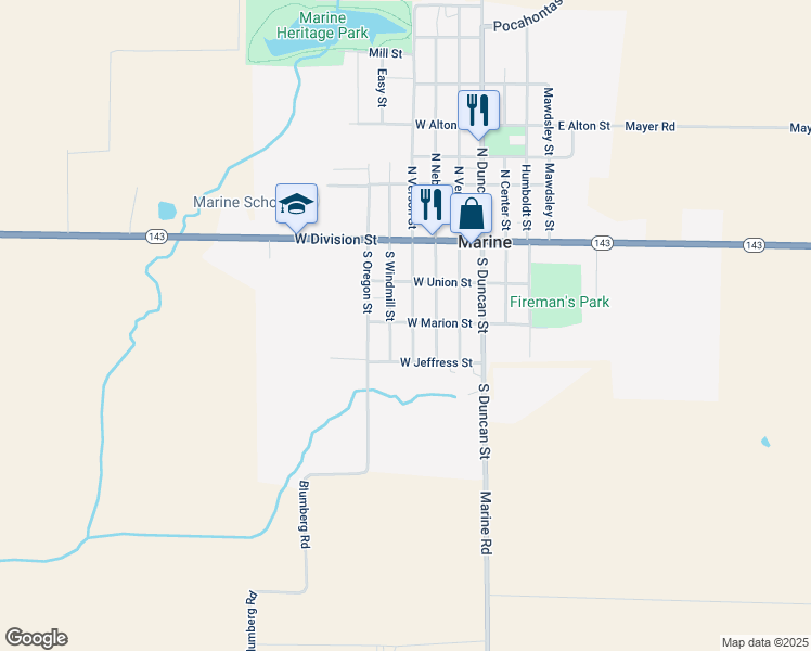 map of restaurants, bars, coffee shops, grocery stores, and more near 231 South Windmill Street in Marine