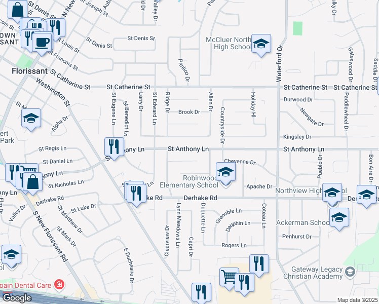 map of restaurants, bars, coffee shops, grocery stores, and more near 830 Saint Anthony Lane in Florissant