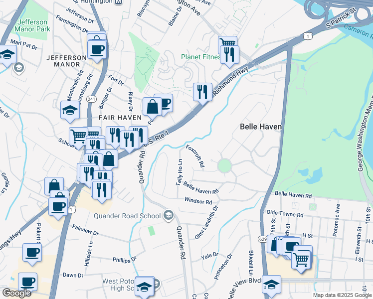 map of restaurants, bars, coffee shops, grocery stores, and more near 6200 Foxcroft Road in Alexandria