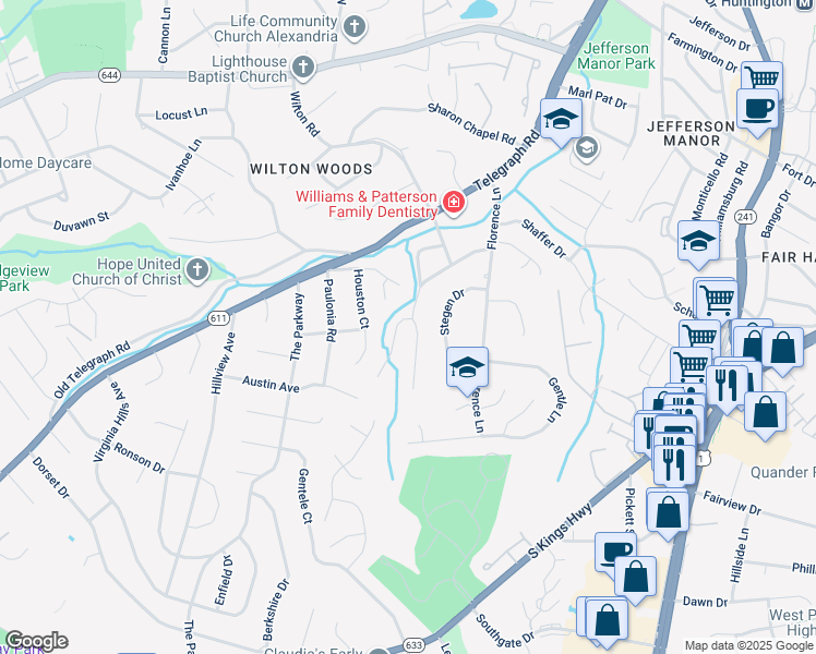 map of restaurants, bars, coffee shops, grocery stores, and more near 6108 Beech Tree Drive in Alexandria