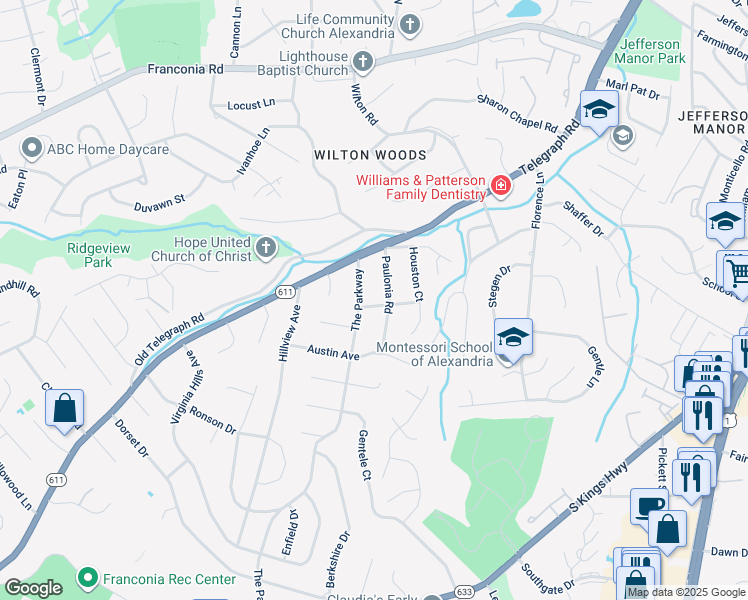 map of restaurants, bars, coffee shops, grocery stores, and more near 3602 Oakwood Lane in Alexandria