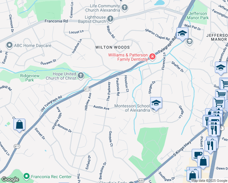 map of restaurants, bars, coffee shops, grocery stores, and more near 3602 Oakwood Lane in Alexandria