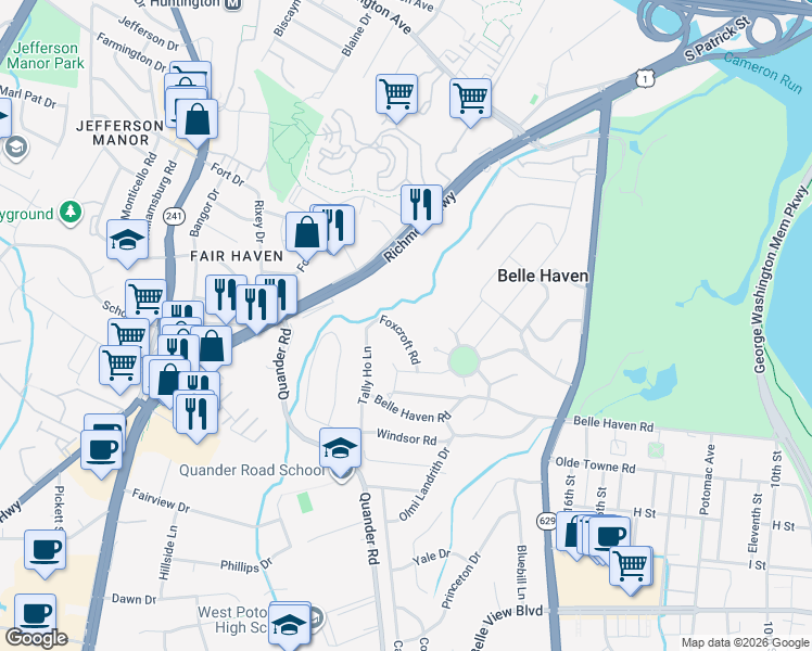 map of restaurants, bars, coffee shops, grocery stores, and more near 6205 Foxcroft Road in Alexandria