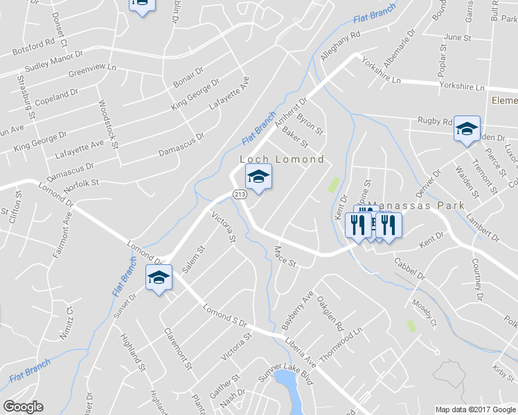 map of restaurants, bars, coffee shops, grocery stores, and more near 7909 Augusta Road in Manassas