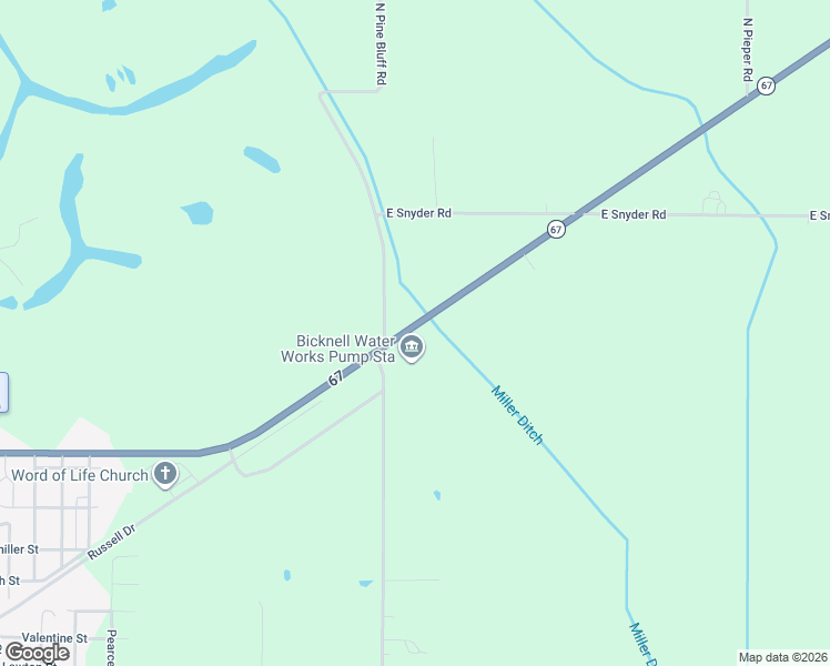 map of restaurants, bars, coffee shops, grocery stores, and more near 7372 Indiana 67 in Bicknell