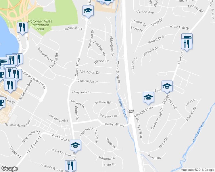 map of restaurants, bars, coffee shops, grocery stores, and more near 407 Cedar Ridge Drive in Oxon Hill