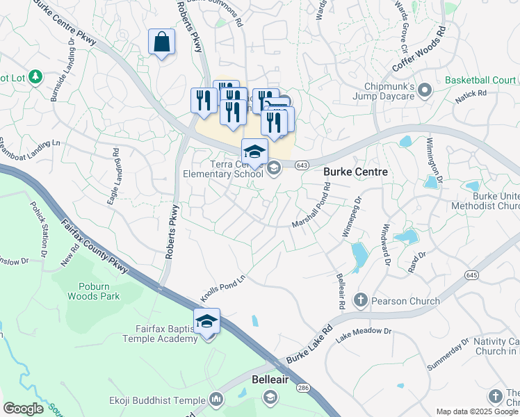 map of restaurants, bars, coffee shops, grocery stores, and more near 6124 Calico Pool Lane in Burke