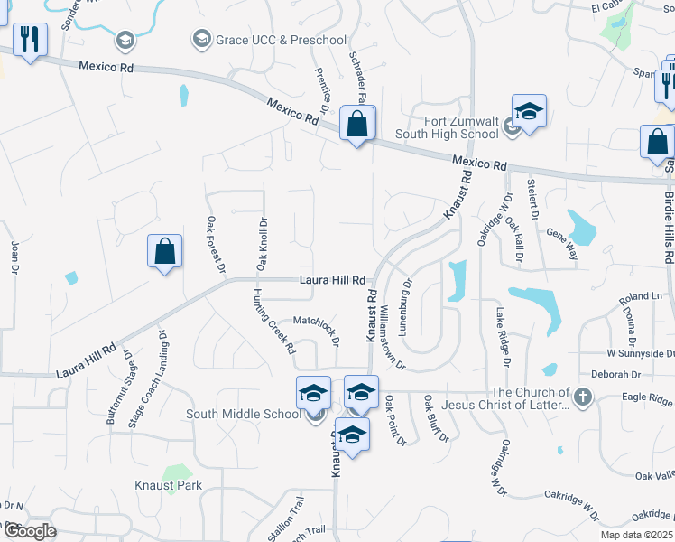 map of restaurants, bars, coffee shops, grocery stores, and more near 8 Laura Hill Road in St. Peters