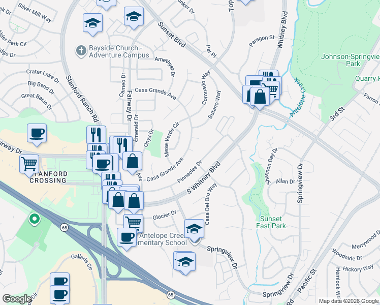 map of restaurants, bars, coffee shops, grocery stores, and more near 2510 Muir Court in Rocklin