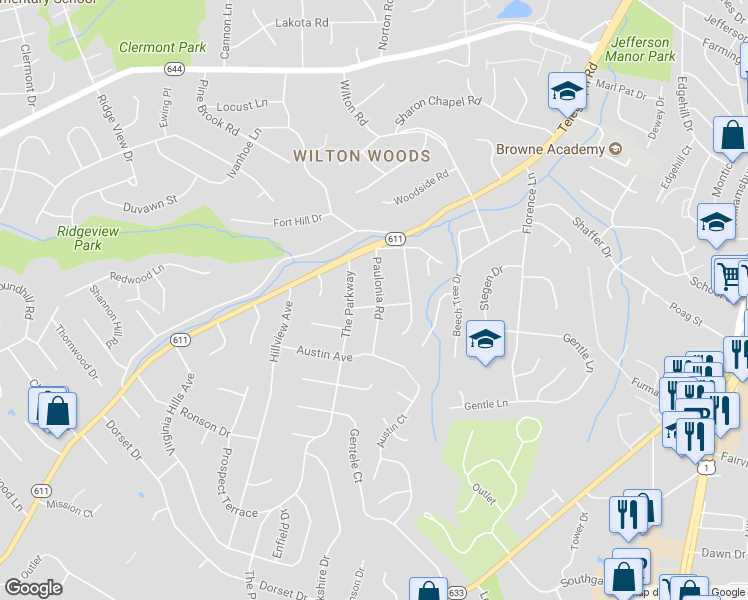 map of restaurants, bars, coffee shops, grocery stores, and more near 3600 Oakwood Lane in Alexandria