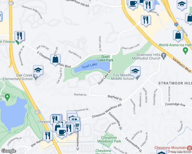 map of restaurants, bars, coffee shops, grocery stores, and more near 3308 Quail Lake Road in Colorado Springs