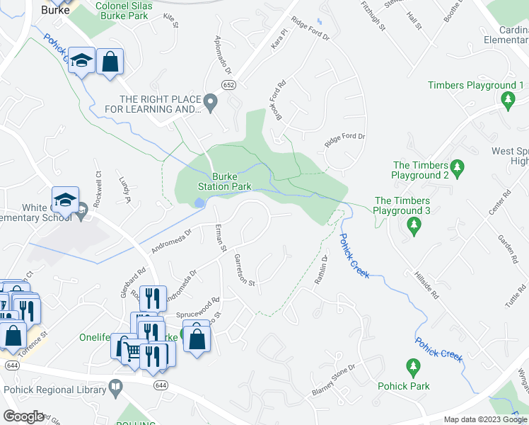 map of restaurants, bars, coffee shops, grocery stores, and more near 9065 Andromeda Drive in Burke