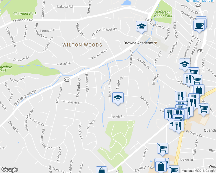 map of restaurants, bars, coffee shops, grocery stores, and more near 6108 Beech Tree Drive in Alexandria