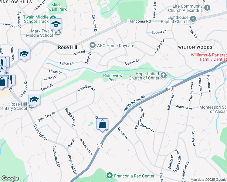 map of restaurants, bars, coffee shops, grocery stores, and more near 4219 Shannon Hill Road in Alexandria