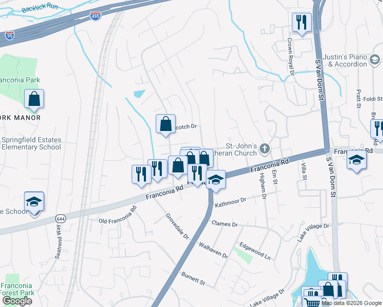 map of restaurants, bars, coffee shops, grocery stores, and more near 6185 Little Valley Way in Alexandria